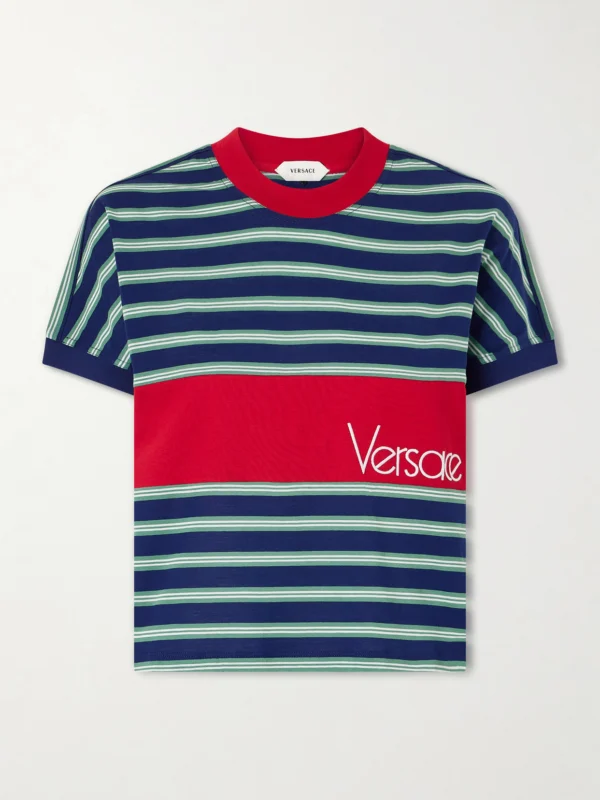 Versace Logo-embroidered Striped Cotton-jersey T-shirt