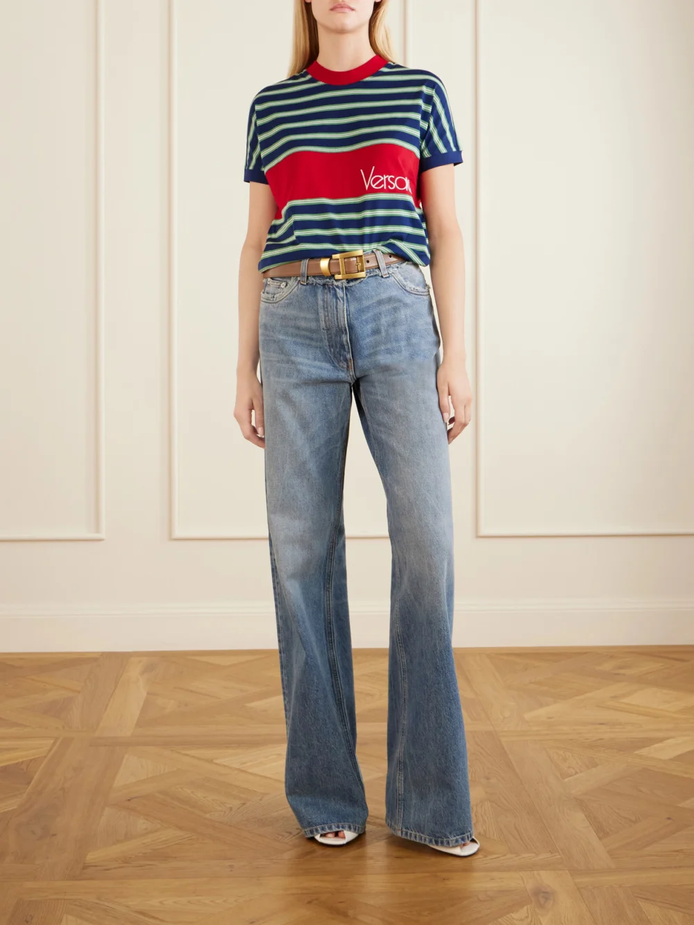 Versace Logo-embroidered Striped Cotton-jersey T-shirt, worn by a model