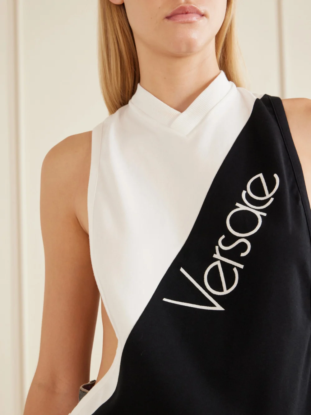 Close-up detail of the Versace Logo-intarsia Stretch Cotton-jersey Tank