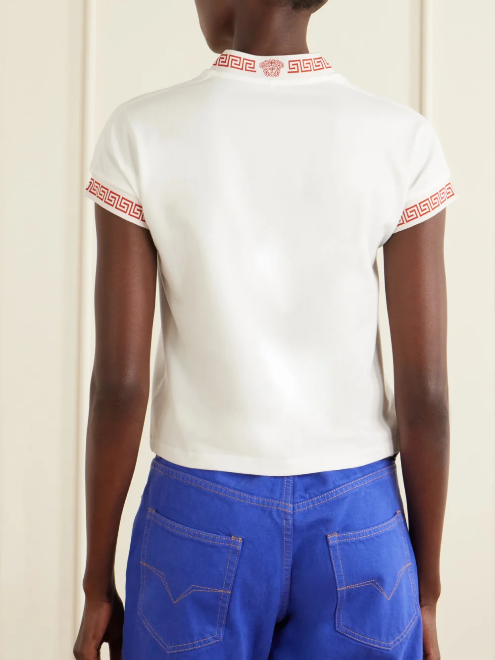 Back view of the Versace Logo-jacquard Cotton-blend Jersey T-shirt