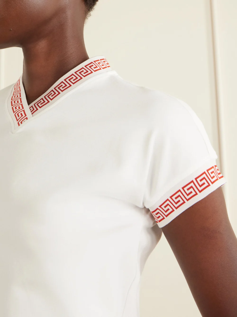 Close-up detail of the Versace Logo-jacquard Cotton-blend Jersey T-shirt
