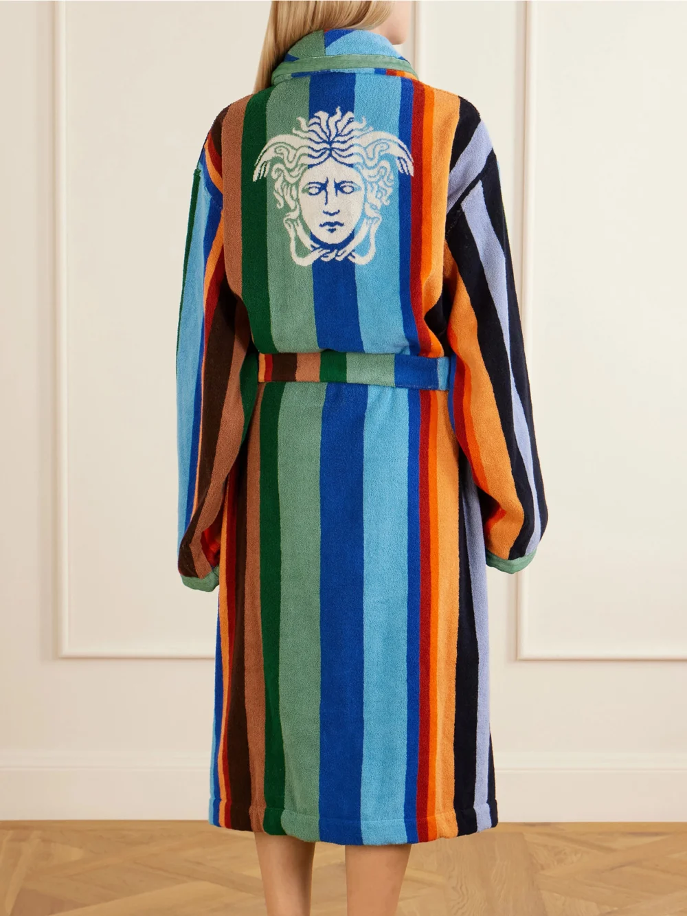 Back view of the Versace Medusa Belted Striped Cotton-terry Robe