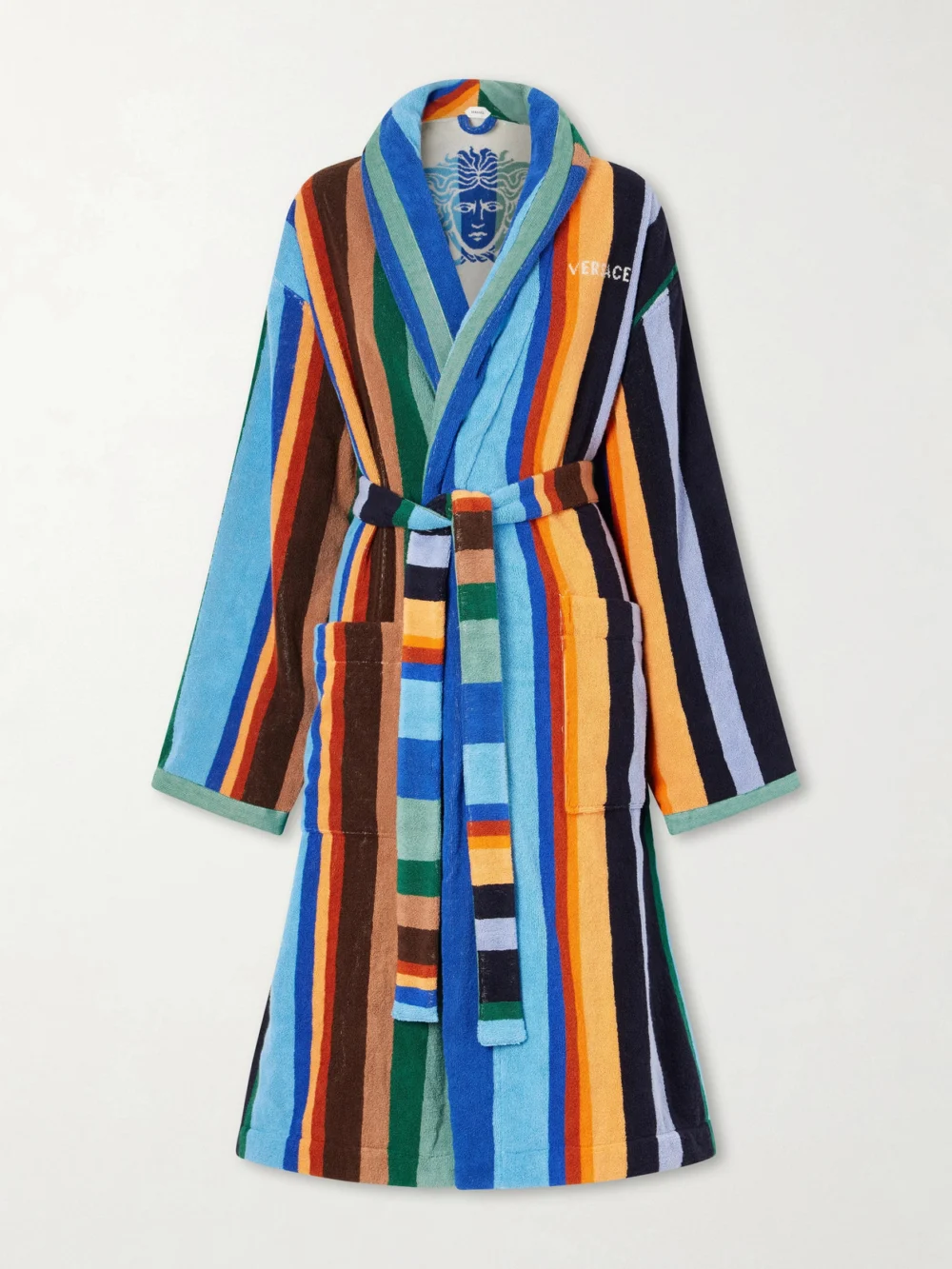 Versace Medusa Belted Striped Cotton-terry Robe in multi