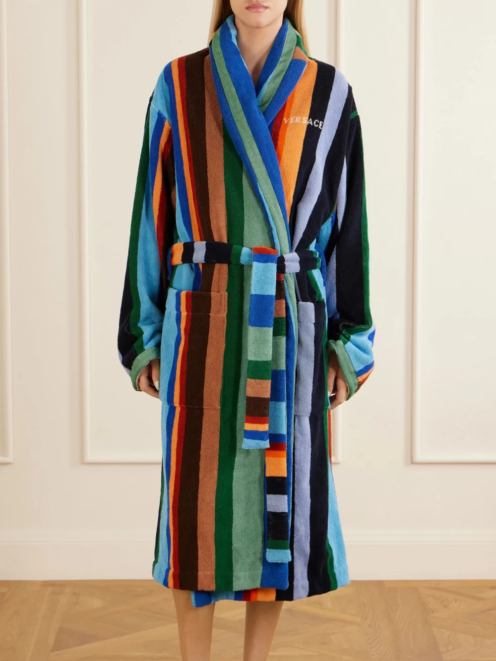 Versace Medusa Belted Striped Cotton-terry Robe, worn by a model