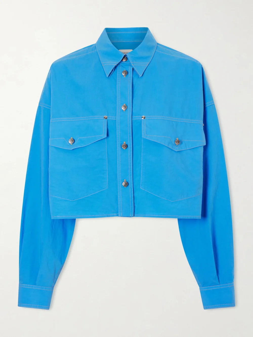 Versace Medusa-embellished Cropped Cotton-poplin Shirt in blue