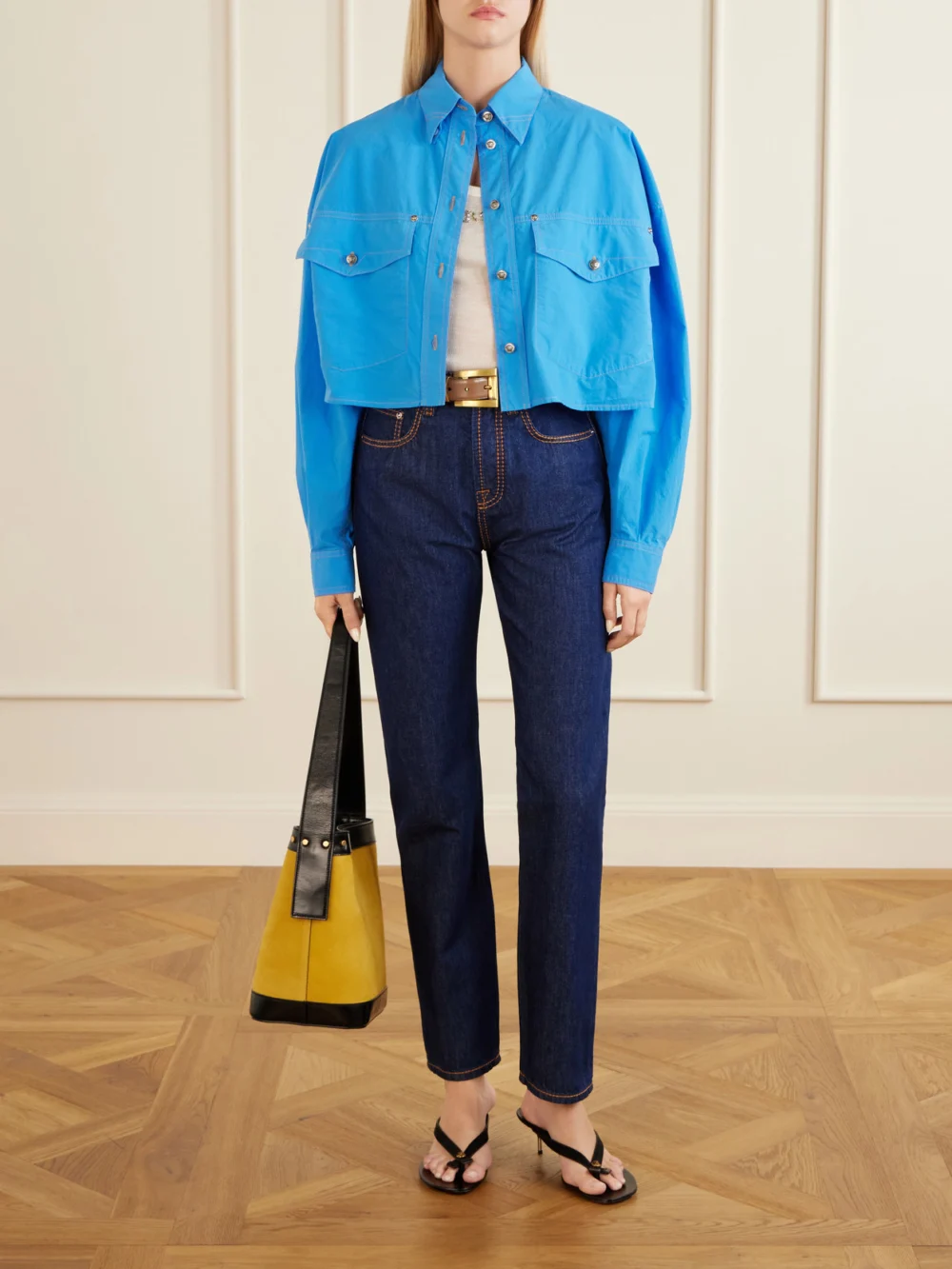 Versace Medusa-embellished Cropped Cotton-poplin Shirt, worn by a model