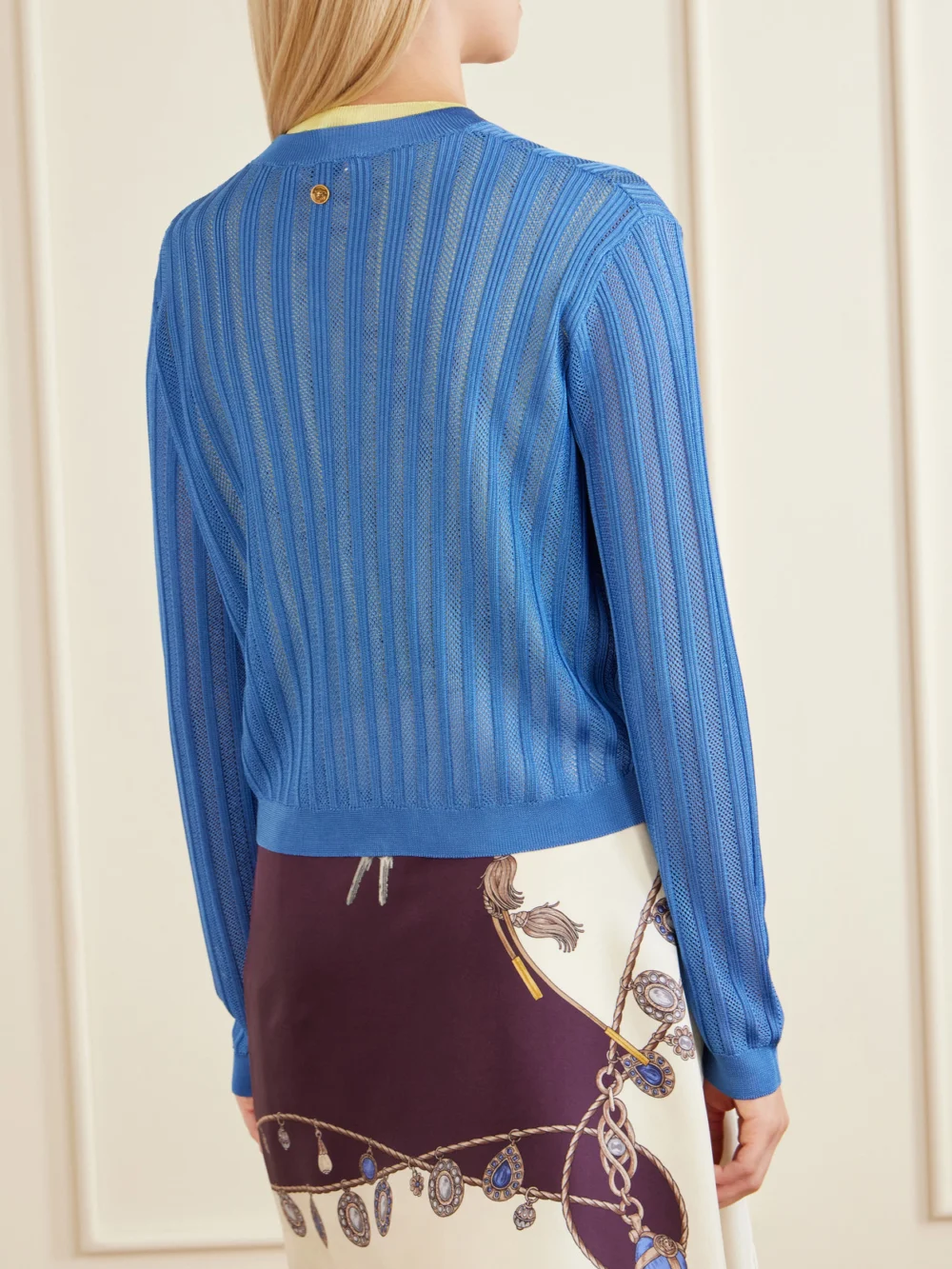 Back view of the Versace Medusa-embellished Ribbed Crochet-knit Cardigan