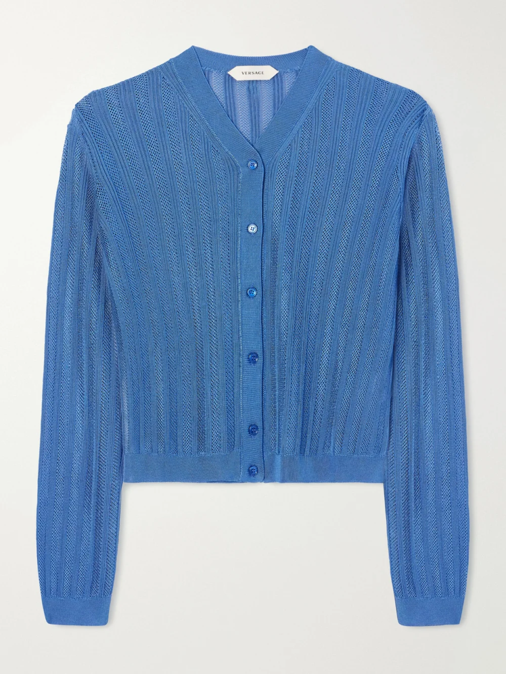 Versace Medusa-embellished Ribbed Crochet-knit Cardigan in navy