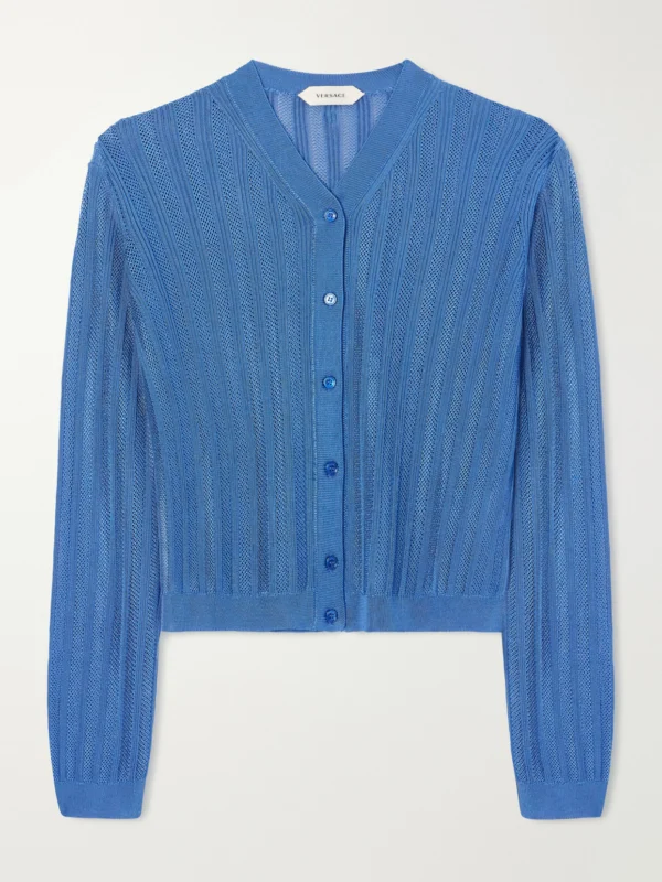Versace Medusa-embellished Ribbed Crochet-knit Cardigan