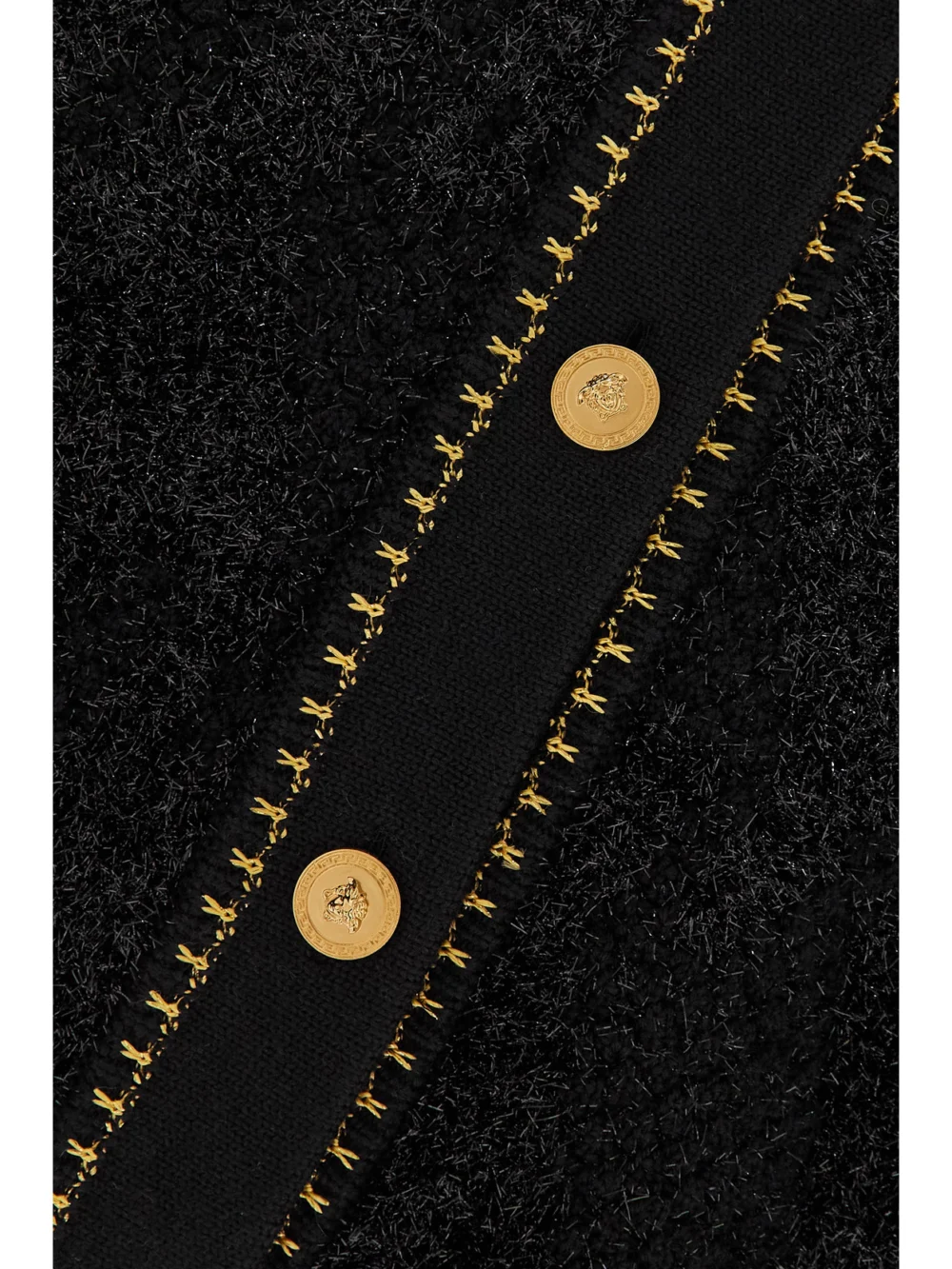 Close-up detail of the Versace Metallic Wool-blend Bouclé Cardigan