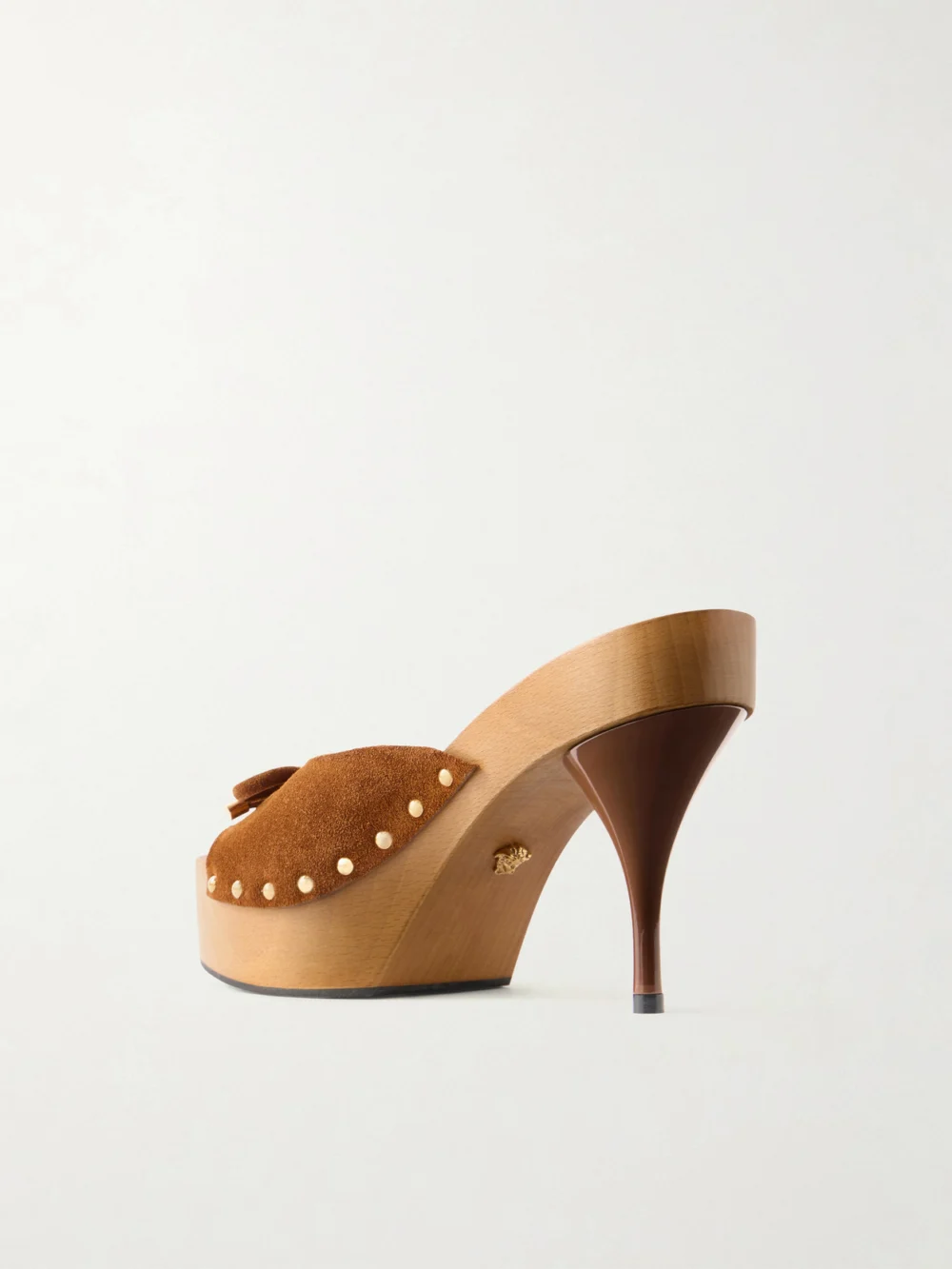 Back view of the Versace Opera Bow Embellished Suede Clogs