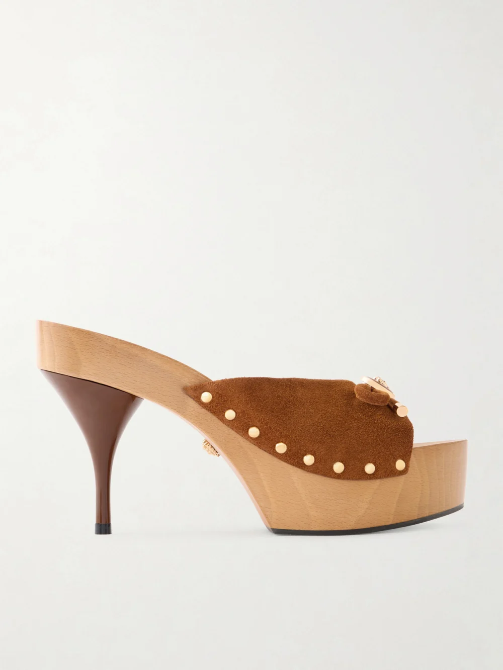Versace Opera Bow Embellished Suede Clogs in chocolate