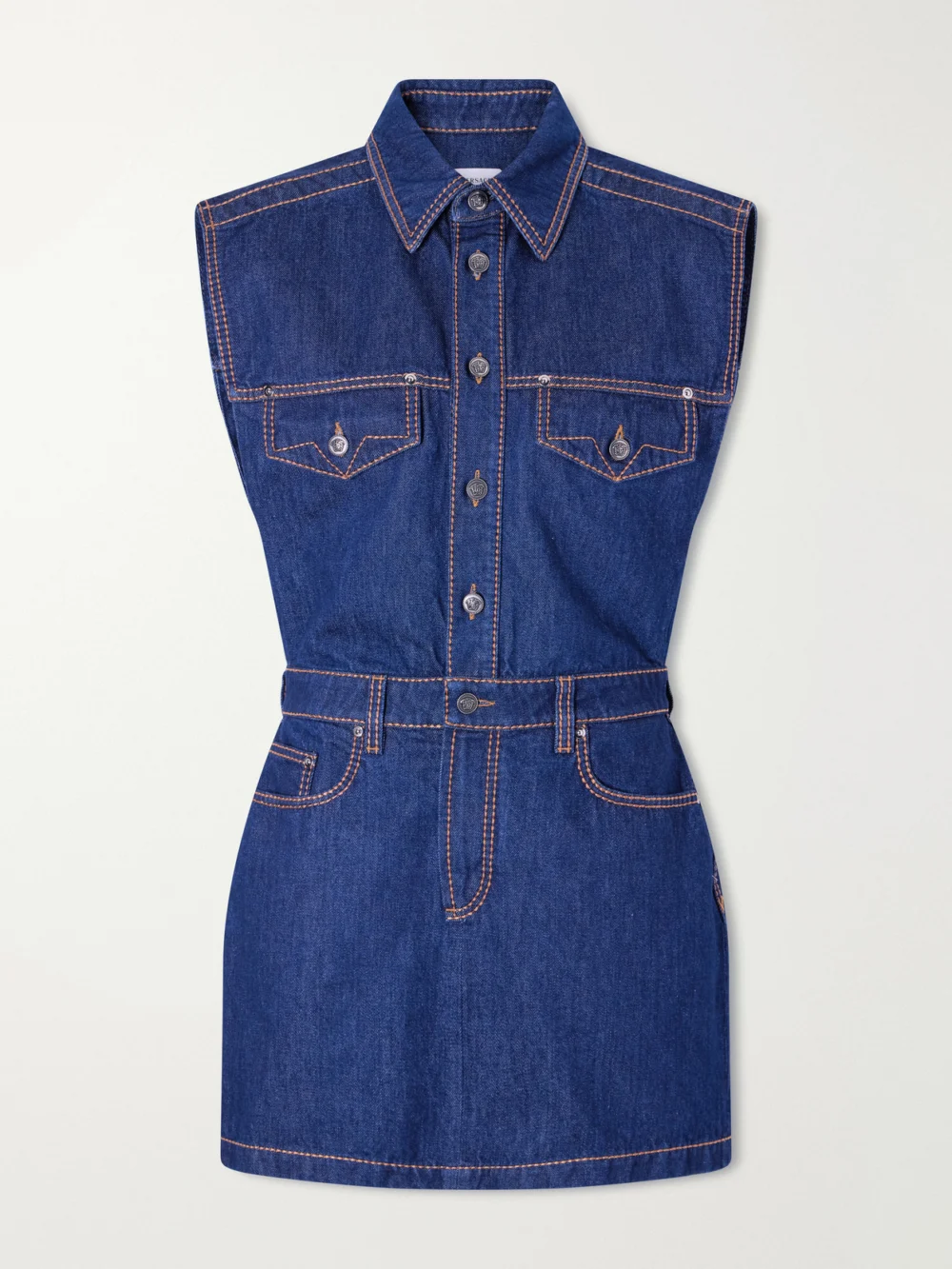 Versace Paneled Denim Mini Dress in dark denim