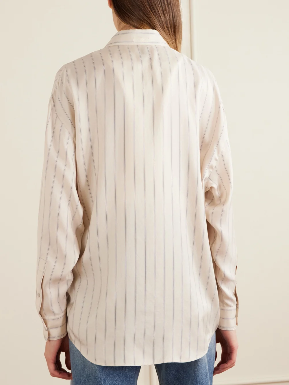 Back view of the Versace Pinstriped Silk-twill Shirt