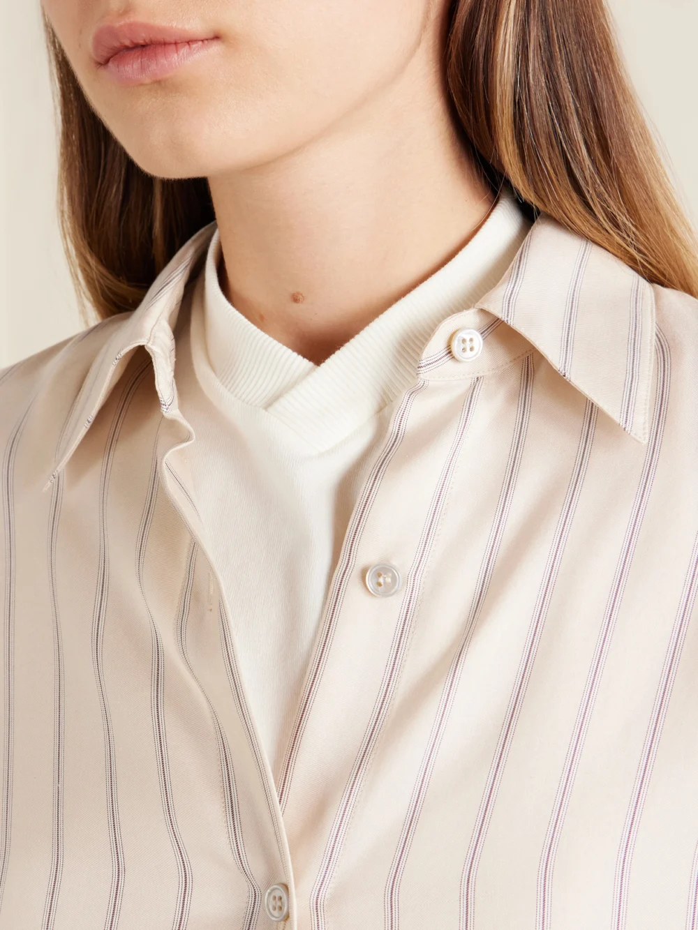 Close-up detail of the Versace Pinstriped Silk-twill Shirt