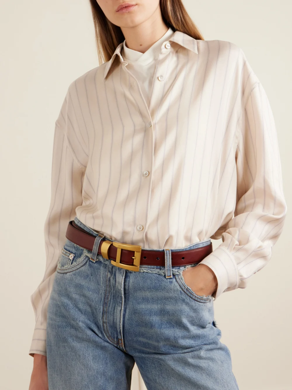Versace Pinstriped Silk-twill Shirt, worn by a model