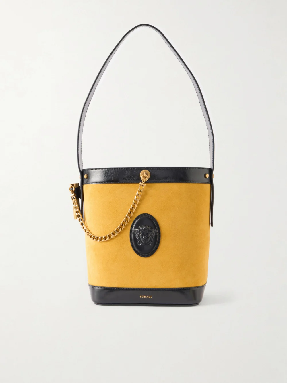 Versace Pivot Logo-appliquéd Small Leather Bucket Bag in mustard