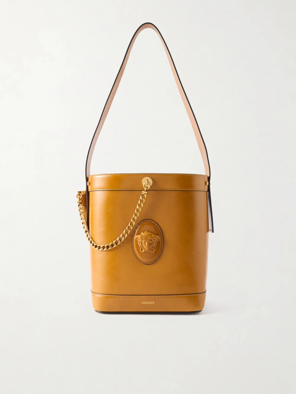 Versace Pivot Small Leather Bucket Bag in tan