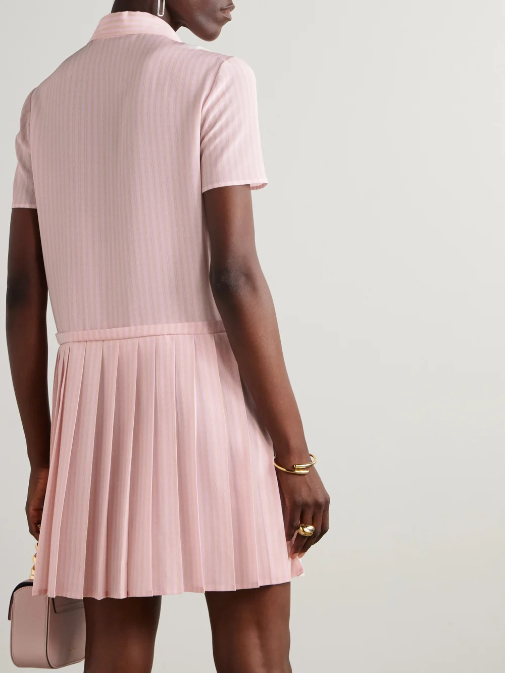 Back view of the Versace Pleated Printed Silk Crepe De Chine Mini Dress