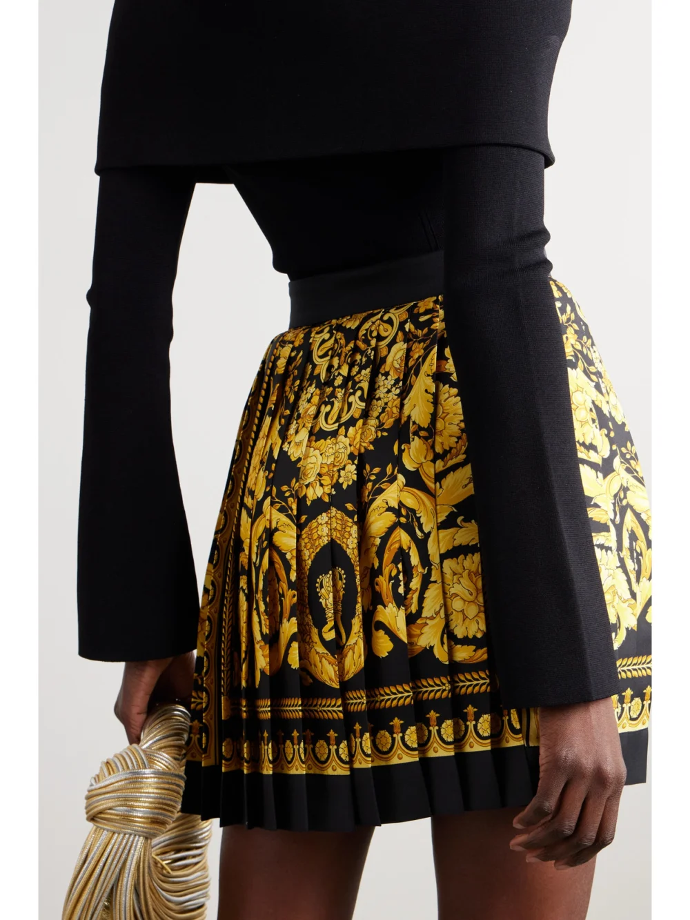 Back view of the Versace Pleated Printed Silk-twill Mini Skirt