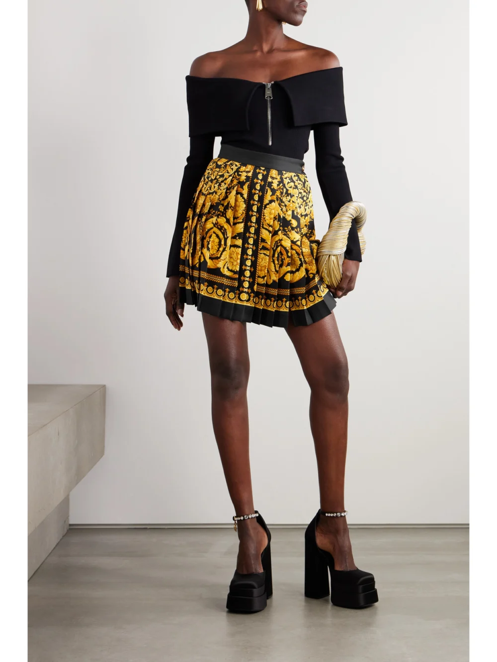 Versace Pleated Printed Silk-twill Mini Skirt, worn by a model
