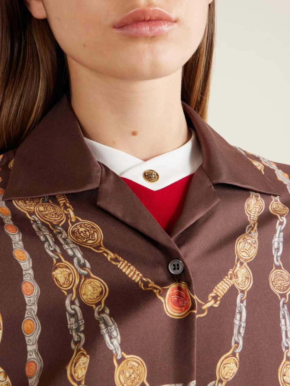 Close-up detail of the Versace Printed Silk Twill Shirt