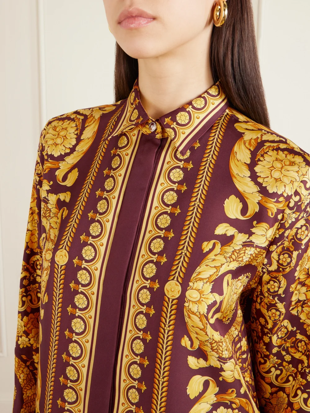 Close-up detail of the Versace Printed Silk-twill Shirt