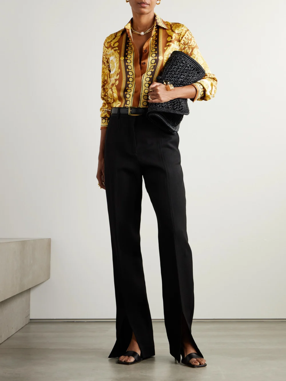 Versace Printed Silk-twill Shirt, worn by a model