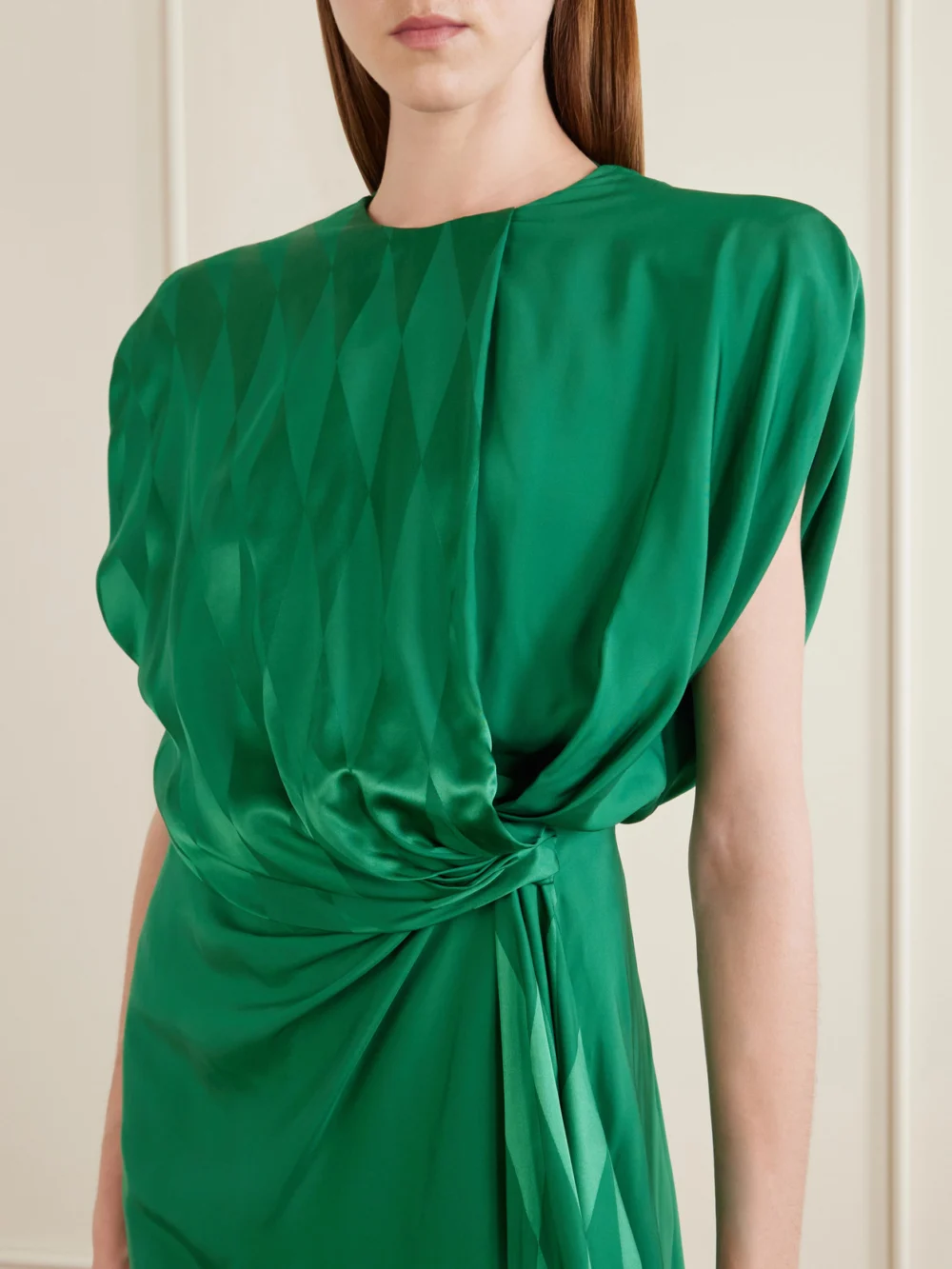 Close-up detail of the Versace Rhombuses Printed Jacquard-satin Midi Dress