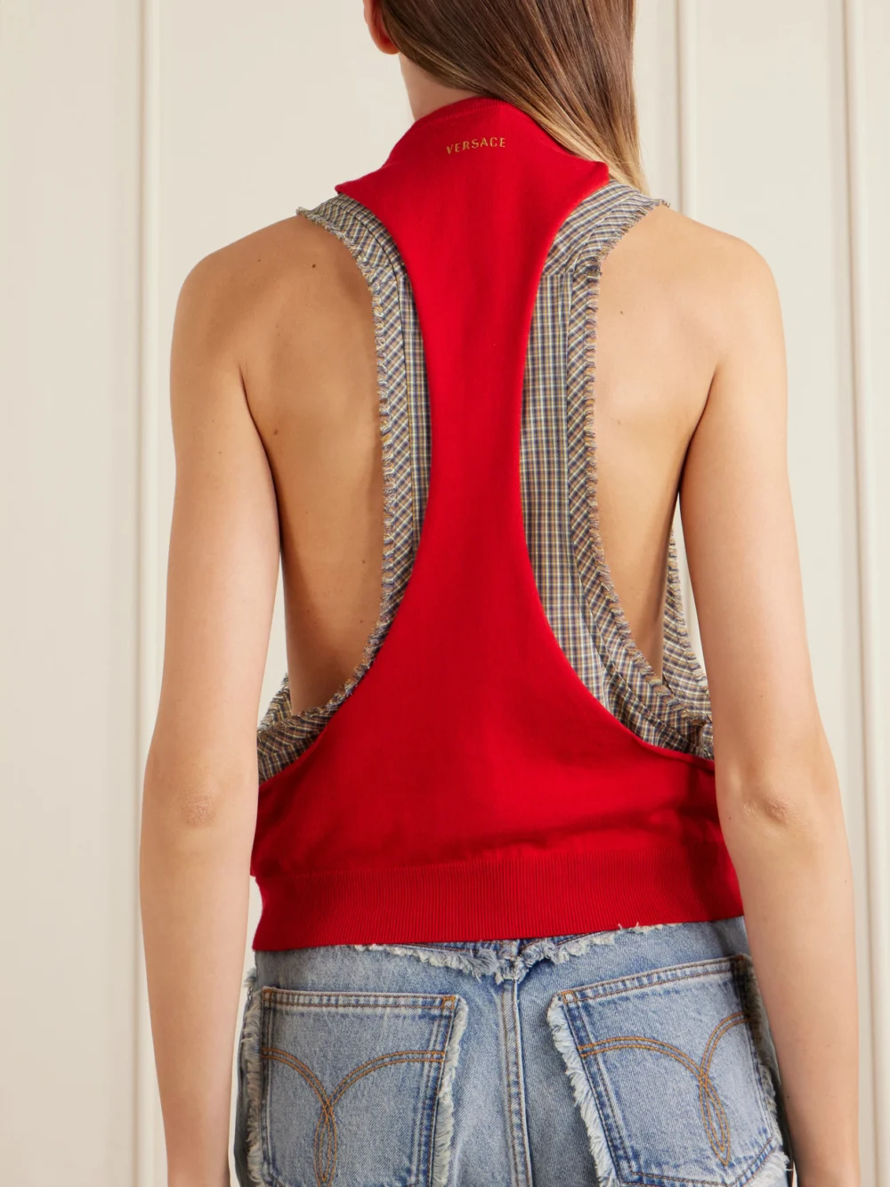 Back view of the Versace Sleeveless Embroidered Cotton Tank Top