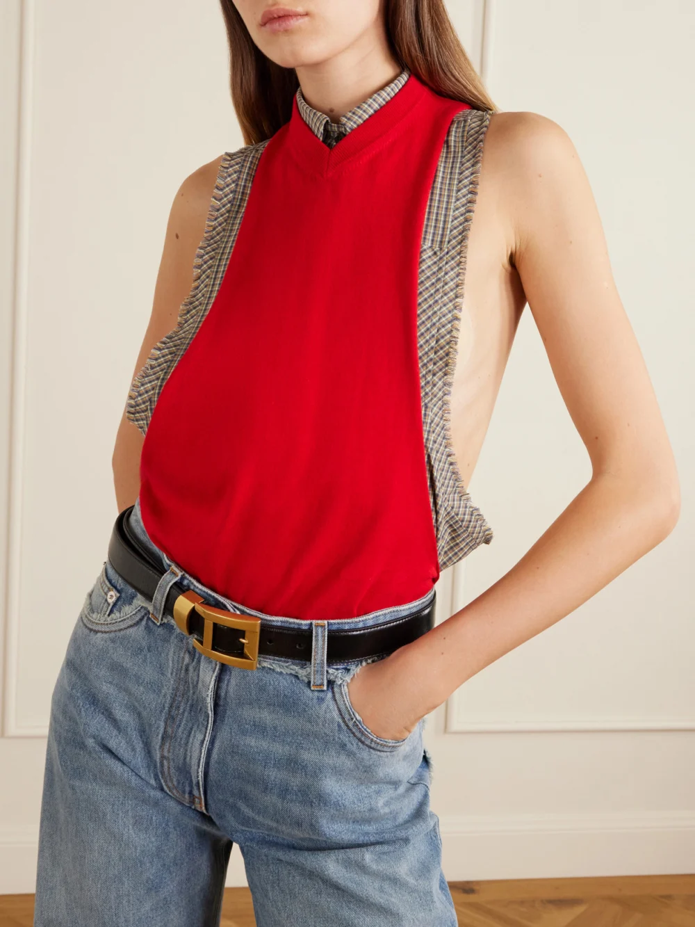 Versace Sleeveless Embroidered Cotton Tank Top, worn by a model