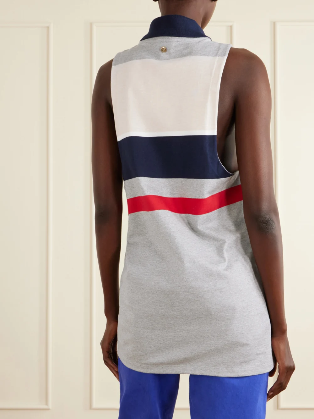 Back view of the Versace Sleeveless Embroidered Striped Cotton T-shirt