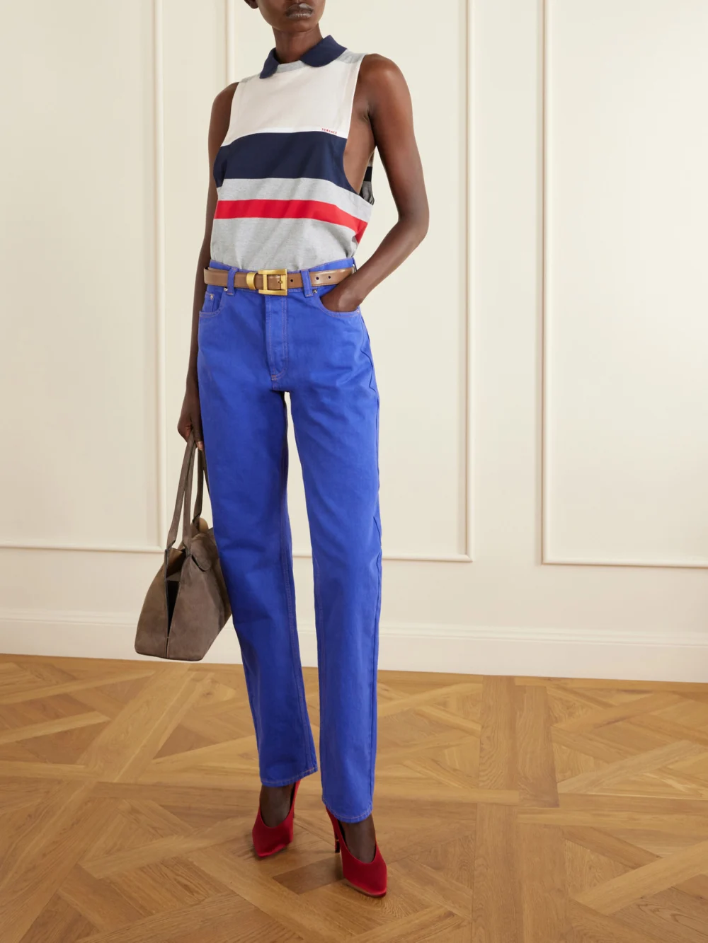 Versace Sleeveless Embroidered Striped Cotton T-shirt, worn by a model