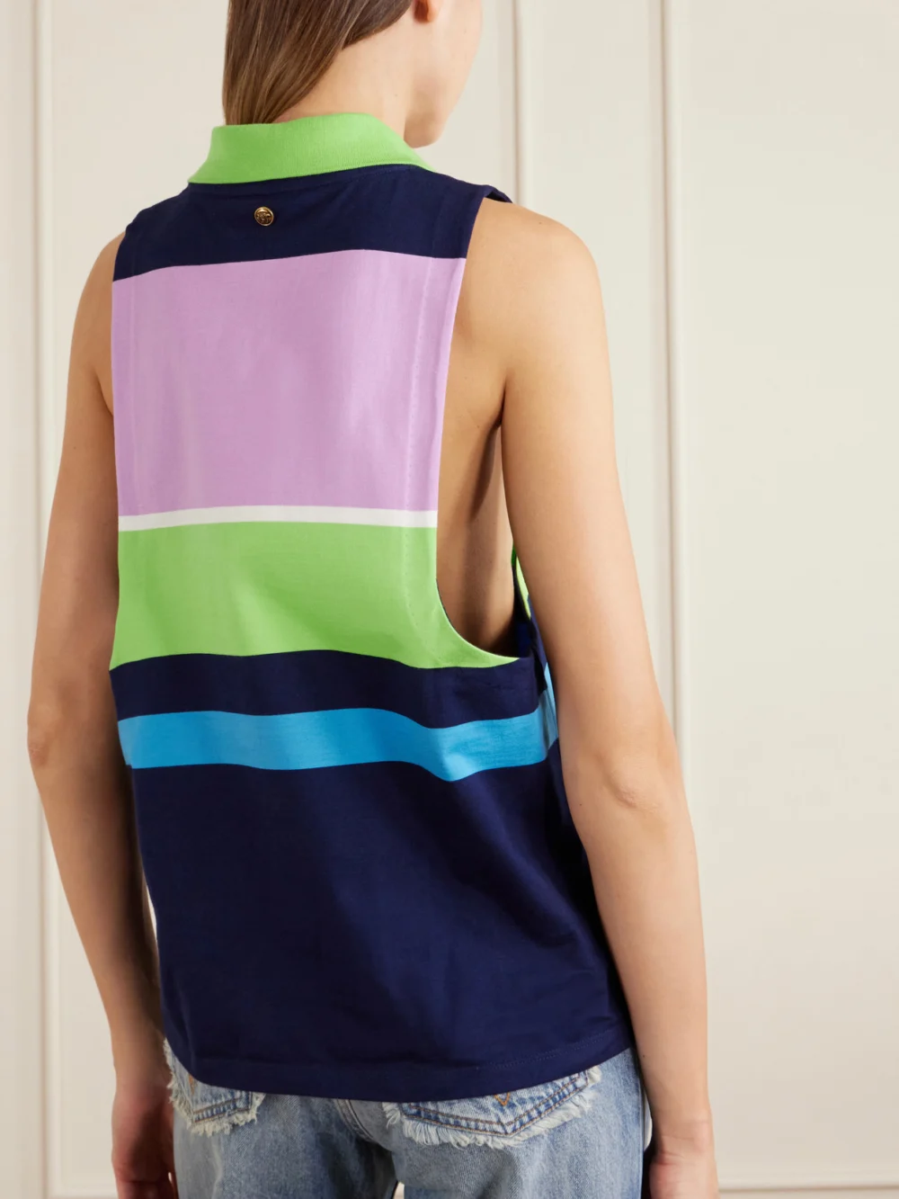 Back view of the Versace Sleeveless Embroidered Striped Cotton T-shirt