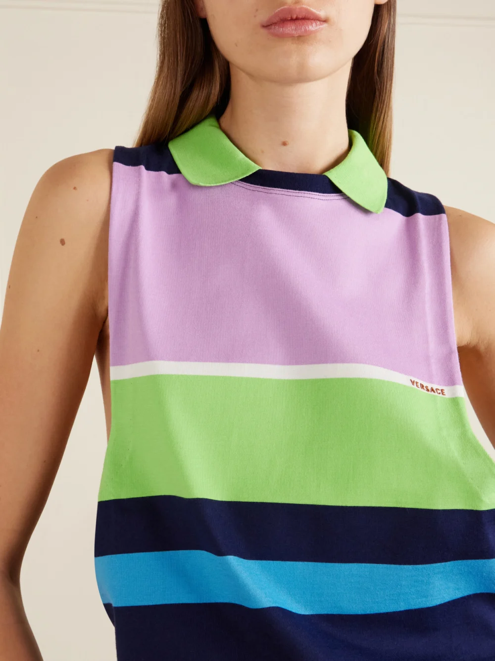 Close-up detail of the Versace Sleeveless Embroidered Striped Cotton T-shirt