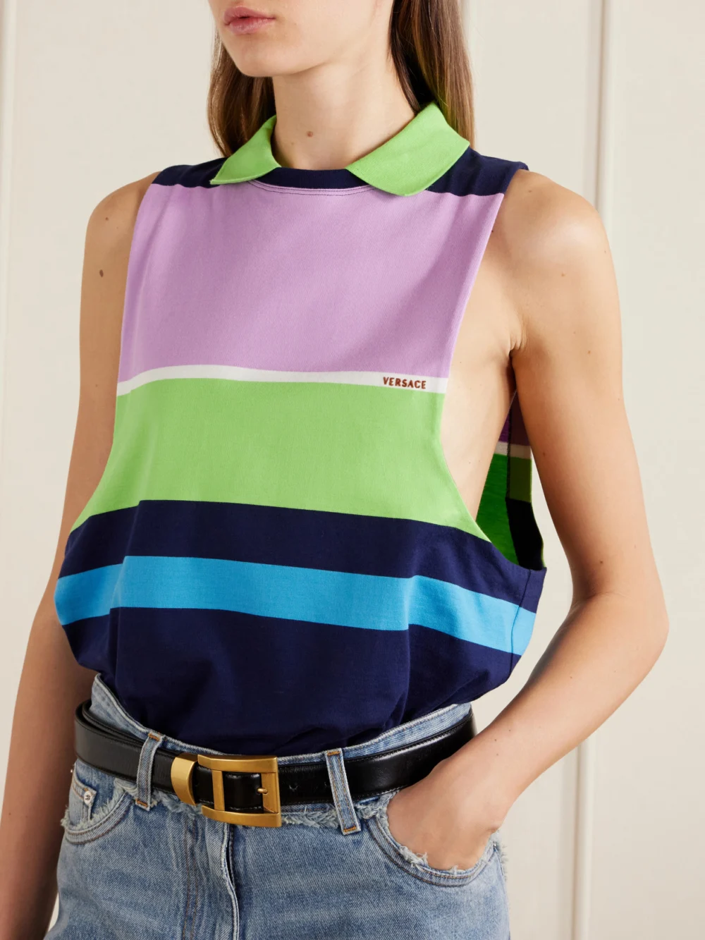 Versace Sleeveless Embroidered Striped Cotton T-shirt, worn by a model