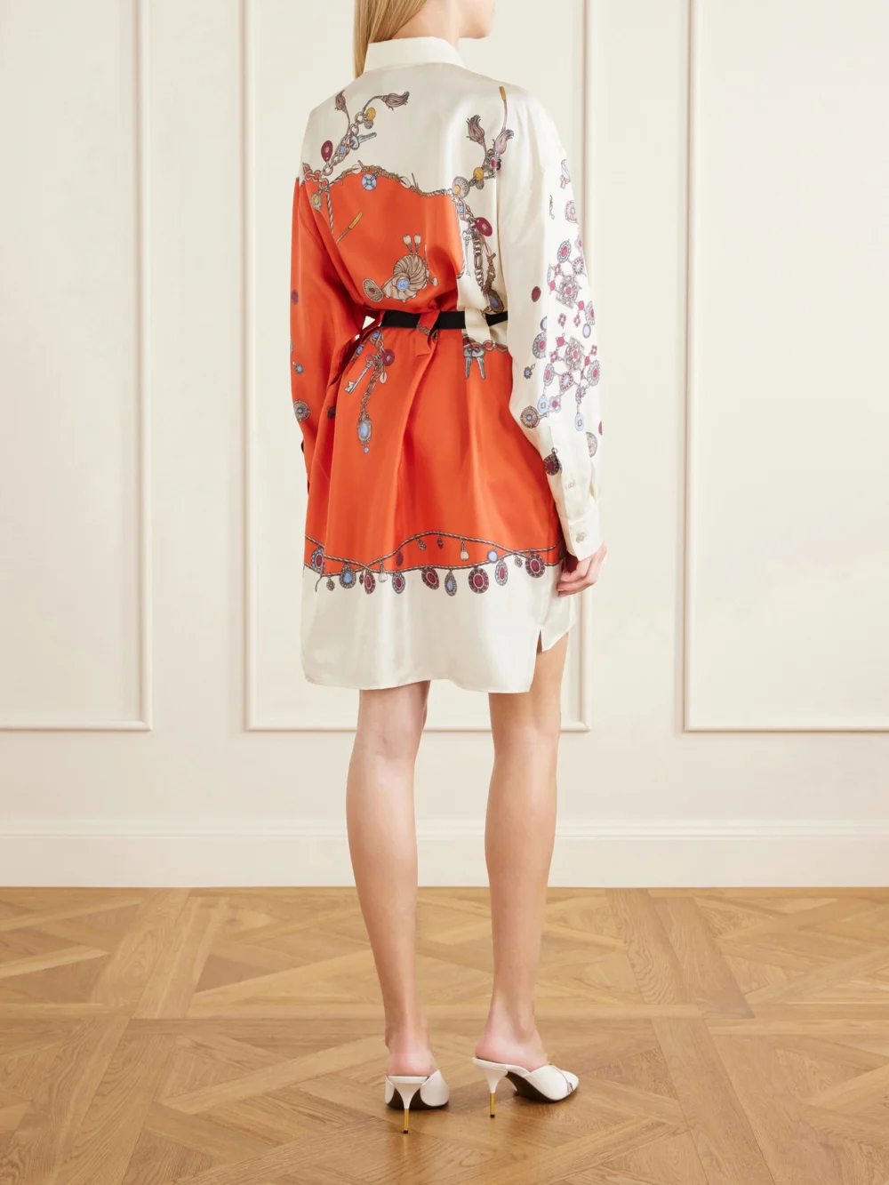 Back view of the Versace Stolen Jewels Medusa-embellished Belted Printed Silk-twill Mini Dress