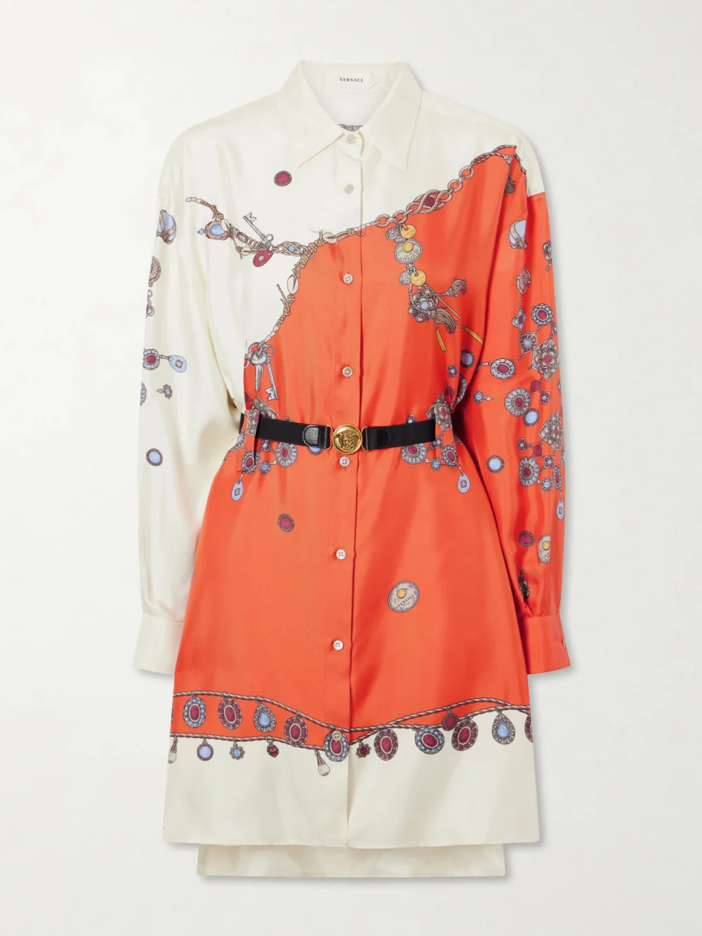 Versace Stolen Jewels Medusa-embellished Belted Printed Silk-twill Mini Dress in orange