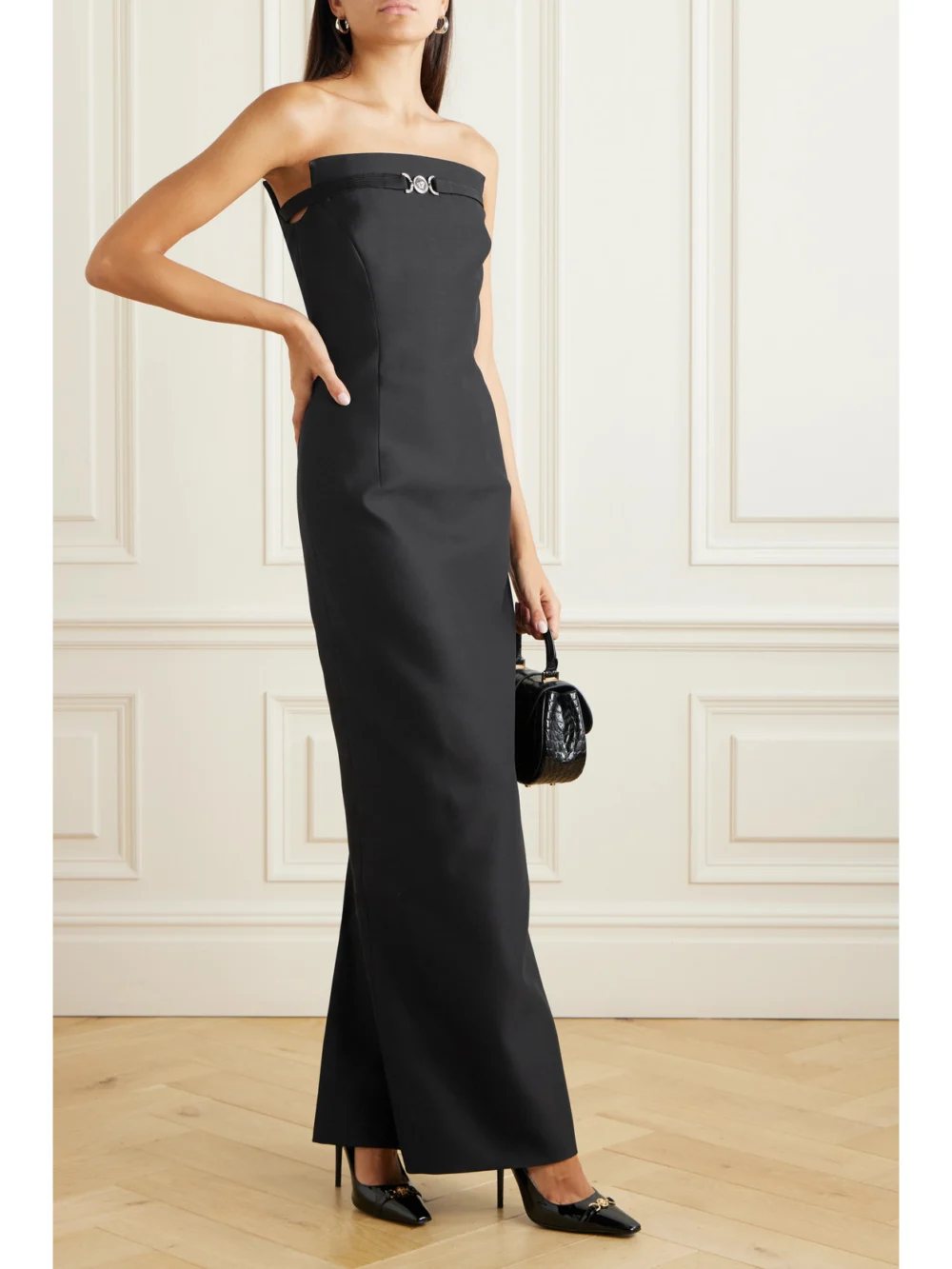 Versace Strapless Embellished Wool and Silk-blend Midi Dress, worn by a model