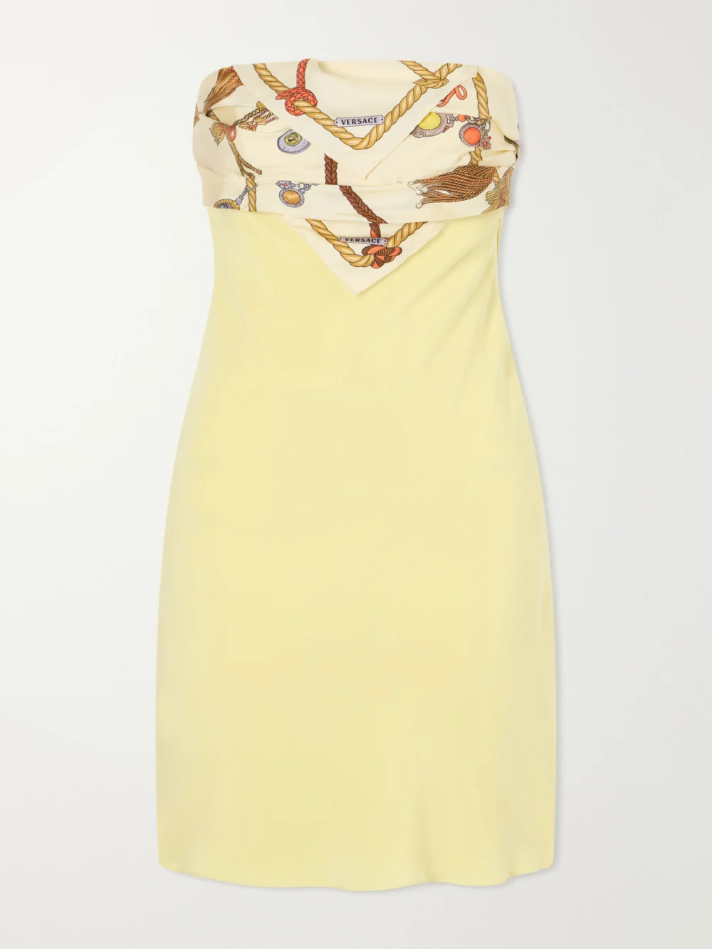 Versace Strapless Printed Twill-trimmed Silk-crepe Mini Dress in yellow