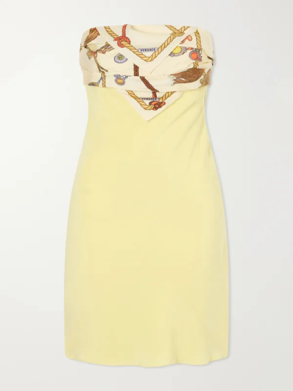 Versace Strapless Printed Twill-trimmed Silk-crepe Mini Dress