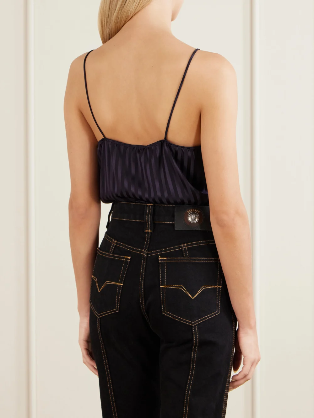 Back view of the Versace Striped Lace-trimmed Silk-blend Bodysuit