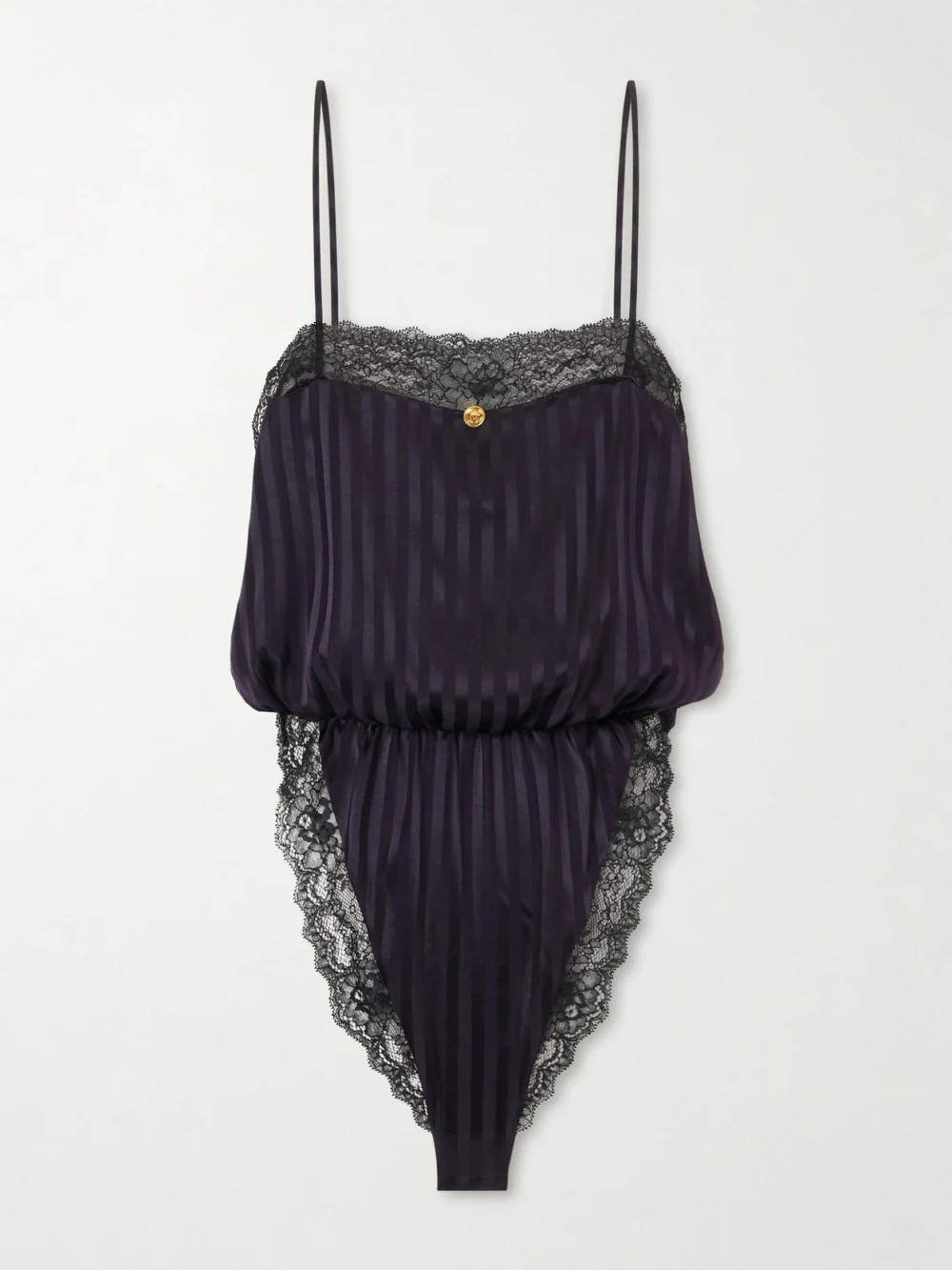 Versace Striped Lace-trimmed Silk-blend Bodysuit in black