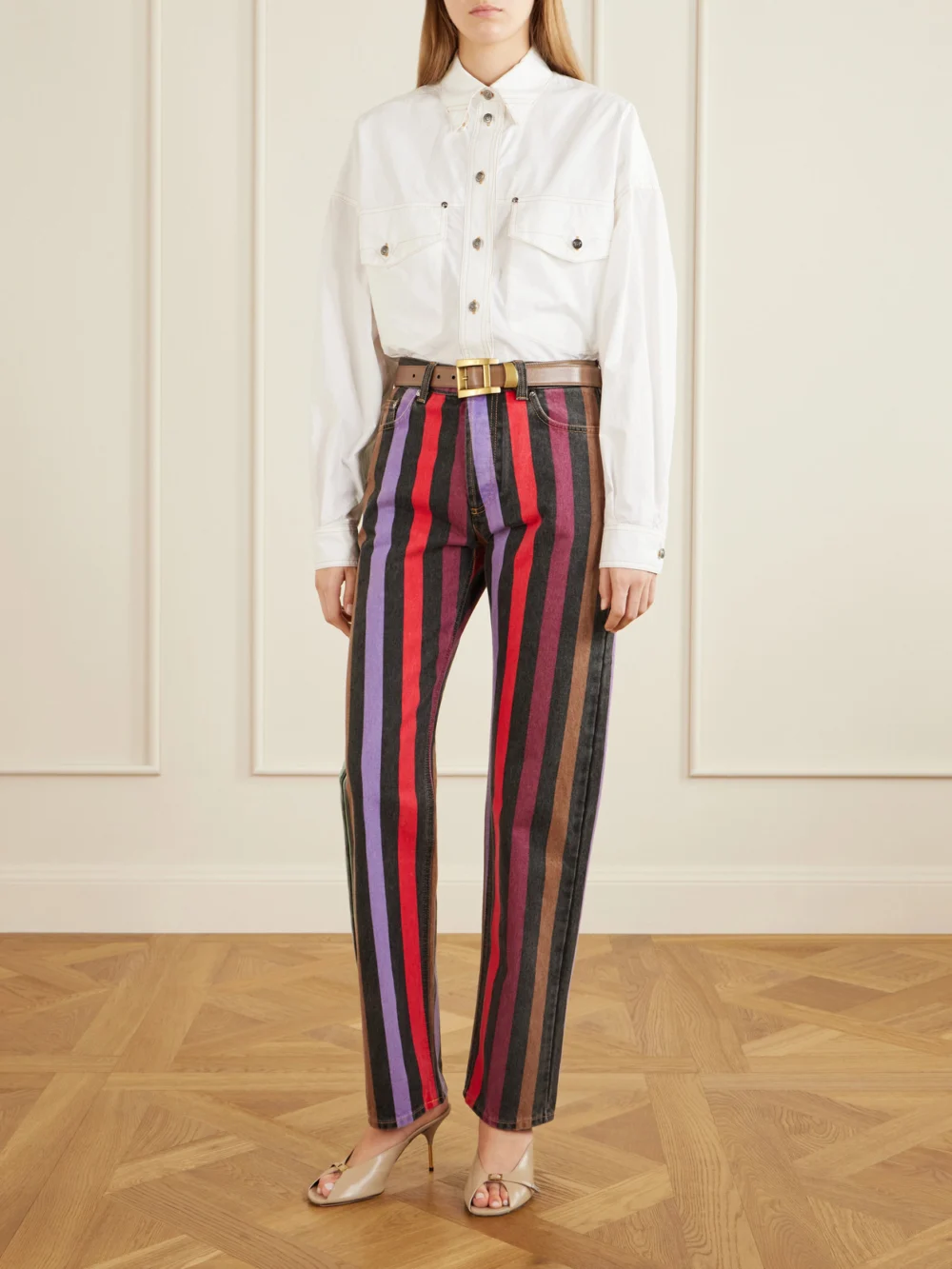 Versace Striped Mid-rise Straight-leg Cotton Jeans, worn by a model