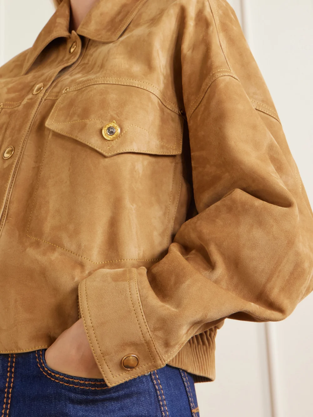 Close-up detail of the Versace Suede Blouson Jacket