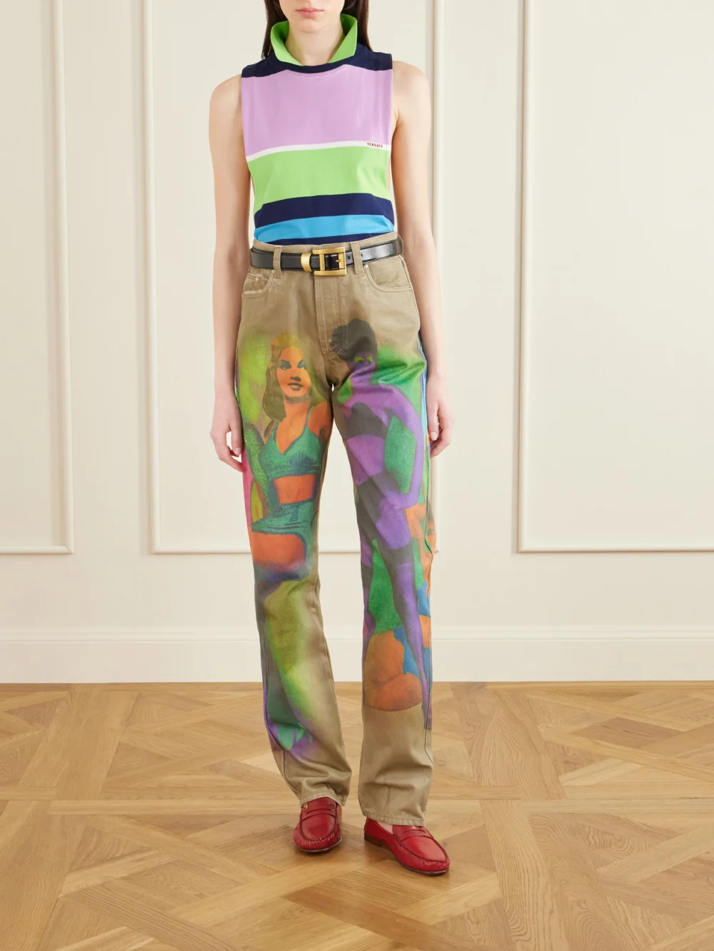 Versace The Femmes Printed Straight-leg Jeans, worn by a model