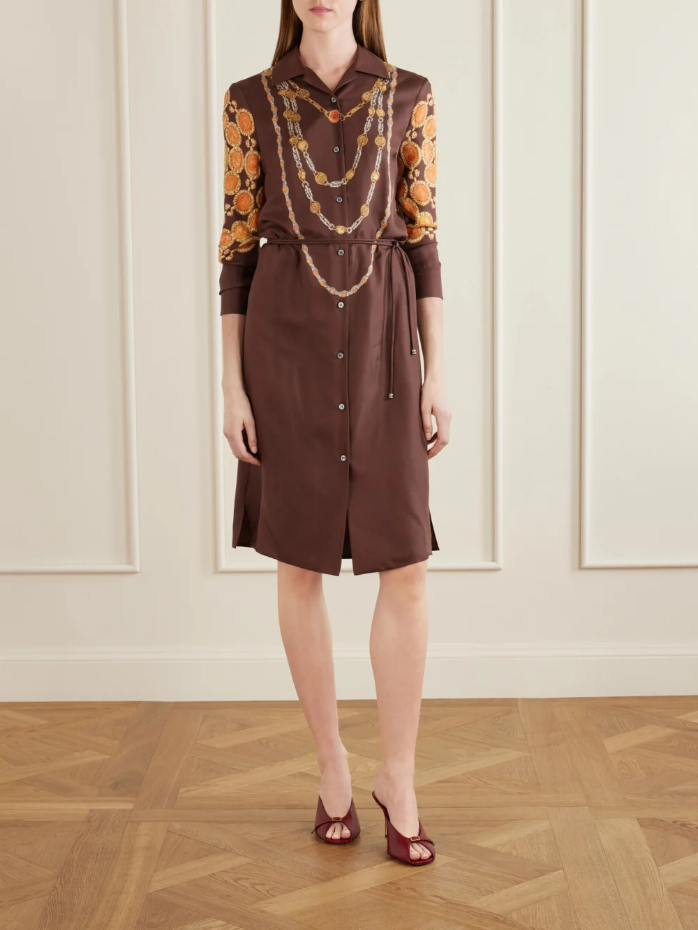Versace The Lover Printed Silk-twill Mini Dress, worn by a model