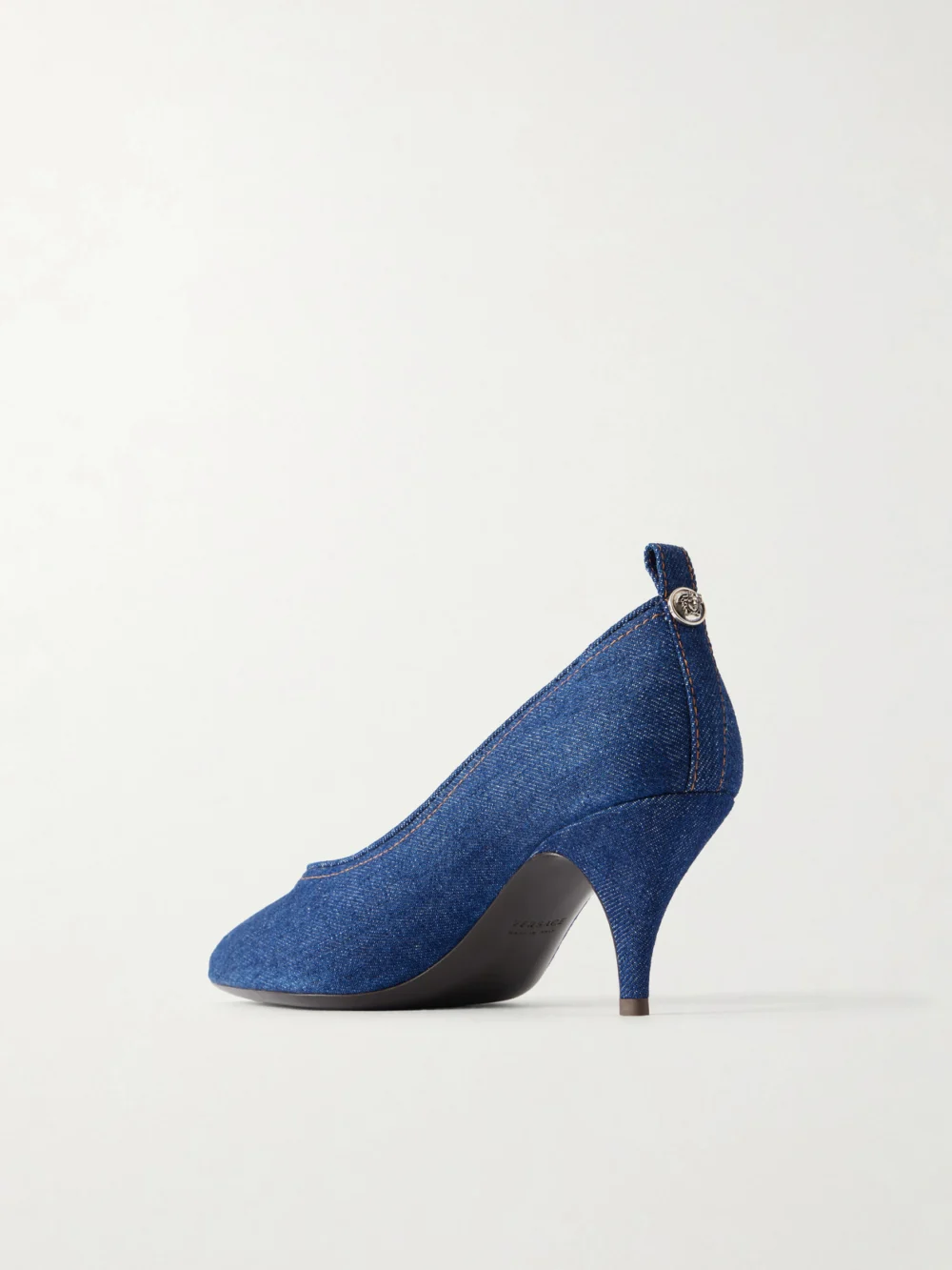 Back view of the Versace Tina 65 Medusa-embellished Denim Pumps