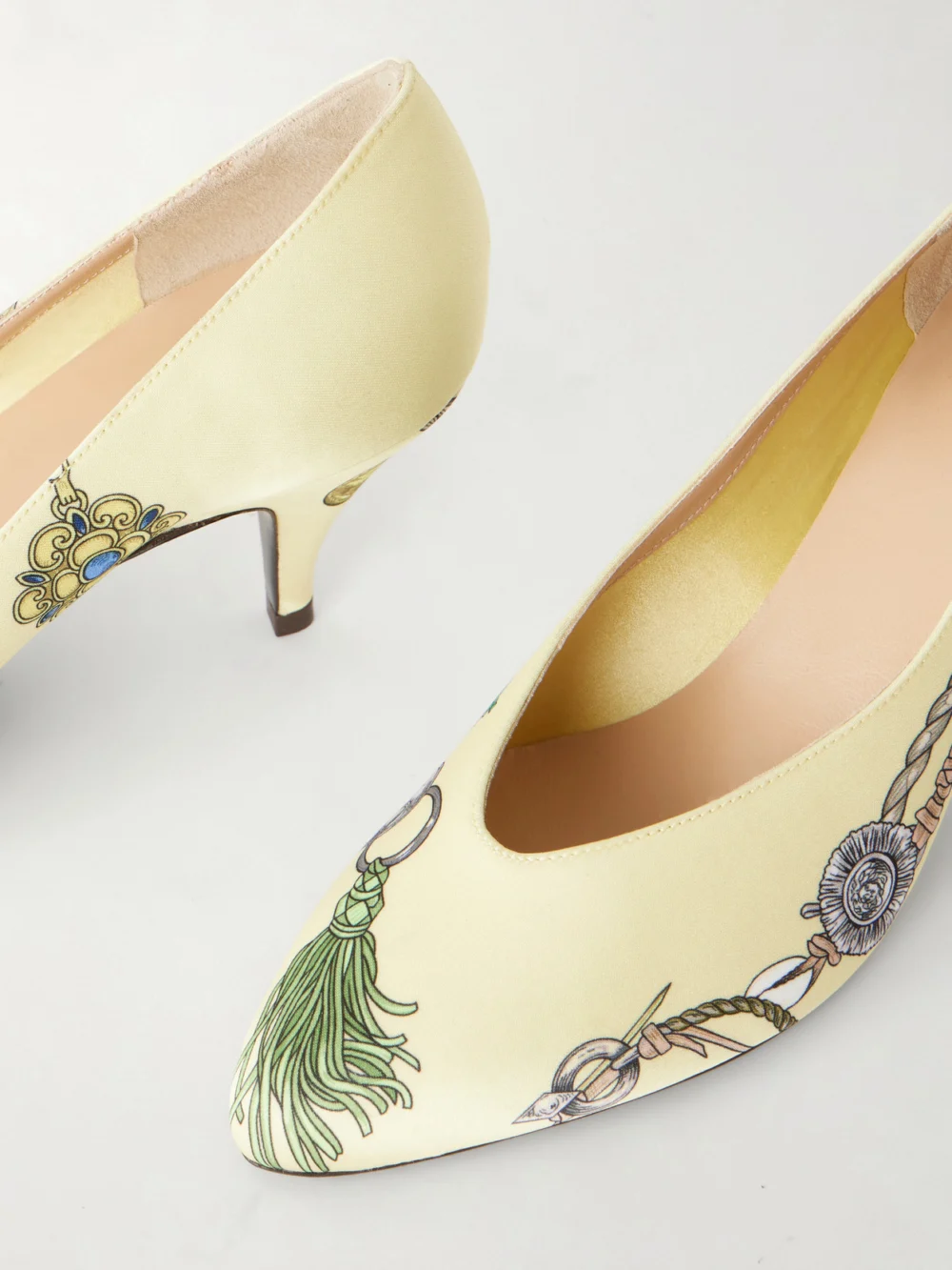 Close-up detail of the Versace Tina 65 Printed Satin Pumps