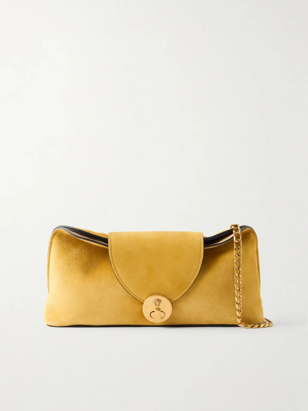 Versace Vivienne Logo-embellished Suede Clutch in mustard